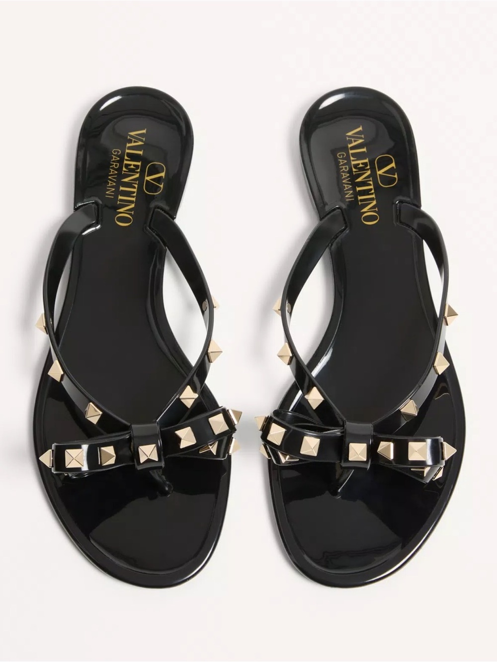 Valentino Garavani Black Rockstud Rubber Slipper Sandal with Bow